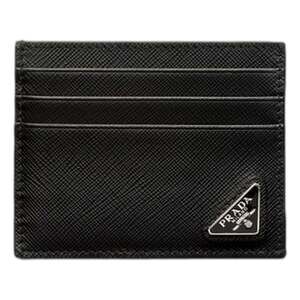 Prada Saffiano Mens Credit Card Wallet Black Nero Silver Triangle Enamel